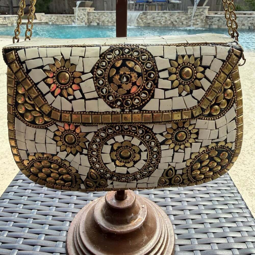 Mosaic Bone And Brass Inlay Crossbody Shoulder Bag #008